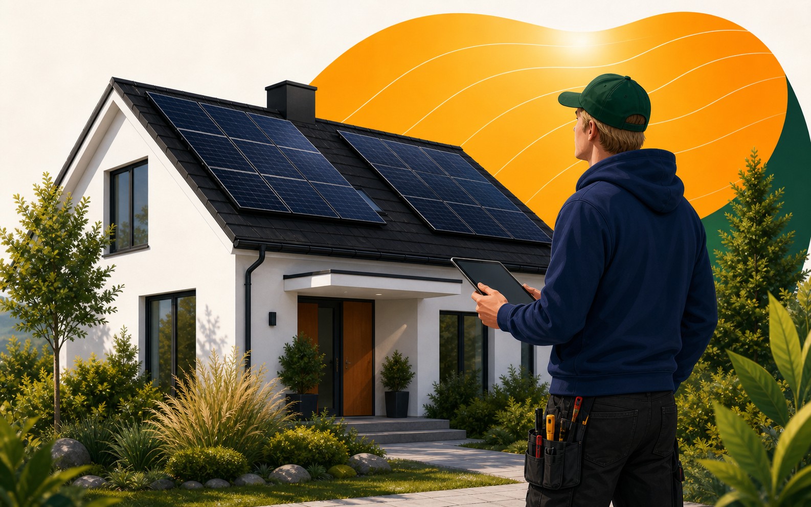 Illustrasjon av elektrikerteam som vurderer norsk bolig for solceller