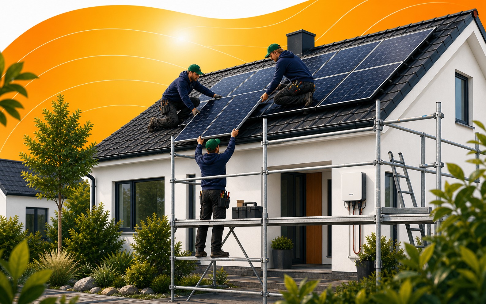 Illustrasjon av elektrikerteam som monterer solcellepaneler på norsk hustak
