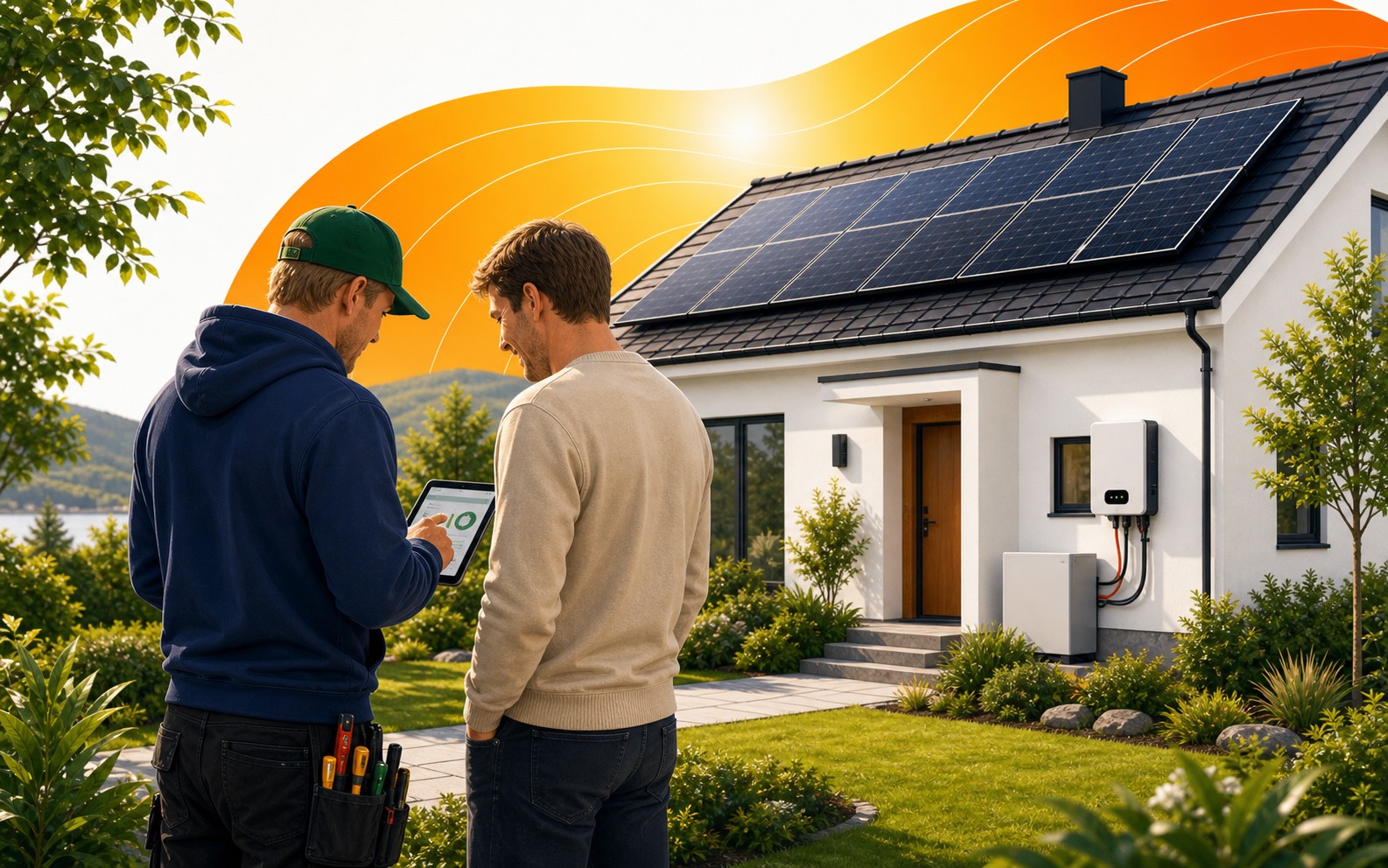 Illustrasjon av ferdig solcelleanlegg der kunde og elektriker følger med på produksjon