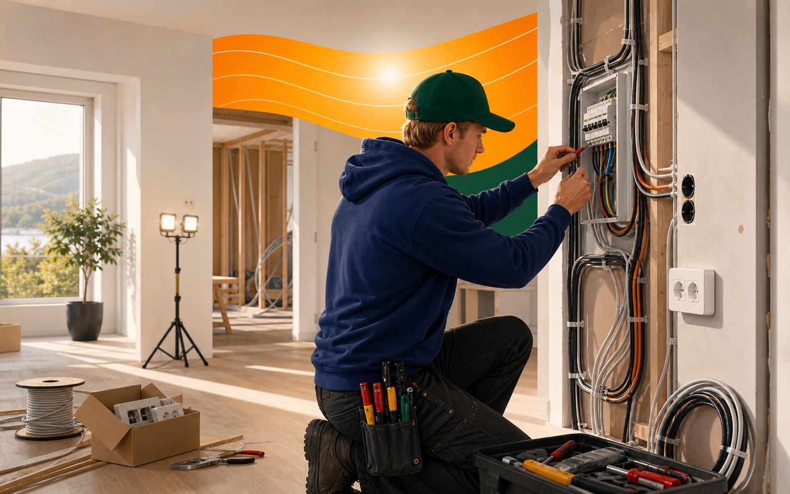 Illustrasjon av elektriker som utfører elektrisk installasjon i norsk bolig