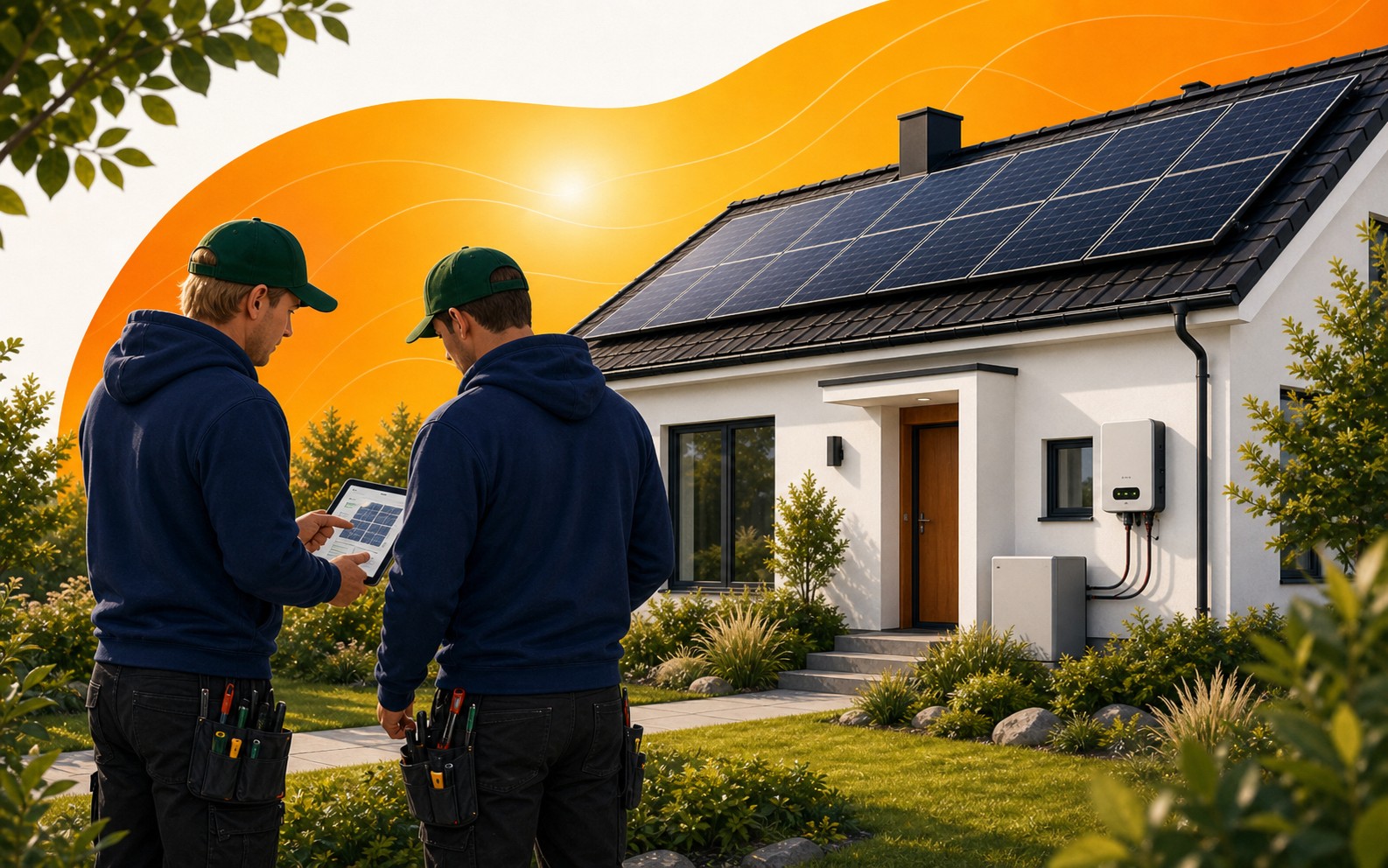 Illustrasjon av elektrikerteam som planlegger solceller på norsk bolig
