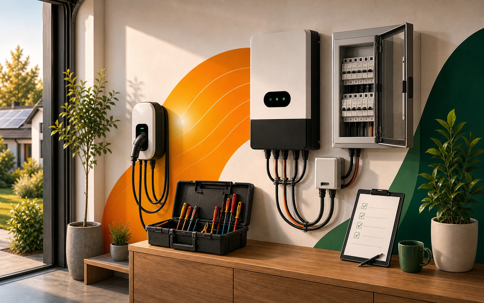 Illustrasjon av service og vedlikehold med elbillader, inverter, sikringsskap og sjekkliste